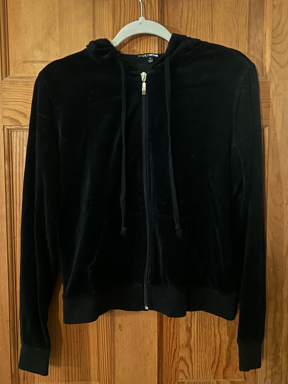 Fashion Nova Black Velour Zip Hoodie with Drawstrings